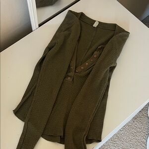 Free People Olive Green V-Neck Waffle Knit Henley